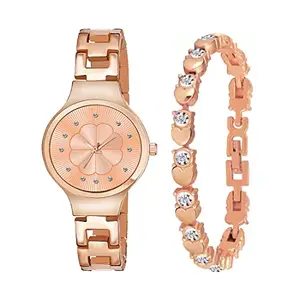 Goldenize fashion Floral Diamond Dial Rose Gold Black Silver Multicolor Stainless Steel Quality Belt Unisex Women & Girl's Watch with Gift Bracelet Watch (Combo of 2) (Rose Gold)