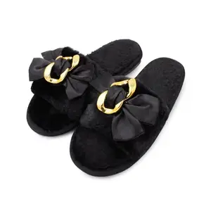 VRITRAZ Classy Fur Bow Design Comfortable | Anti Skid | Lightweight Winter Slipper For Girls and Womens, Warm House Chappal (Color-Black, Size-8)