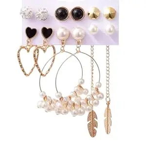 Yu Fashions Stylish Paerl Hoop Heart golden Leaf Tassel Stud Earrings Set of 6 Pairs For Women