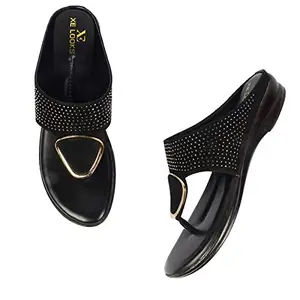XE Looks Black Studded Flat Sandals For Women Girls Stylish Trendy Slippers Casual Sandals For Women Latest Collection with Buckle Sandals for Girls Flat Chappal Fancy Ladies Flat Heel