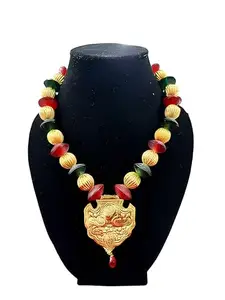 Designer Beaded Necklace with Gold-Tone Pendant, Red and Green Glass Beads, Traditional Indian Style