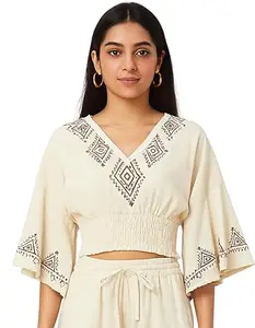 Handblock Print Khadi Cotton Crop Top, Bell Sleeves, Elastic Waist, Cream, Sizes S-L (Cream)