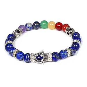 Crystu Natural 7 Chakra with Lapis Lazuli Bracelet Crystal Stone Bracelet Combination Hamsa Charm Bracelet 8 mm Round Beads (Color : Multi)