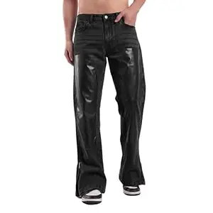 FUGAZEE Grey Leather Patched Flared Zipped Denim Jeans | Relaxed Fit