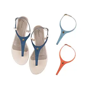 Cameleo -changes with You! Women's Plural T-Strap Slingback Flat Sandals | 3-in-1 Interchangeable Strap Set | Dark-Blue-Light-Blue-Red