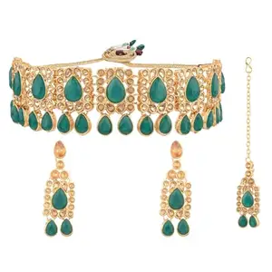 Amazon Brand - Anarva Green Crystal Choker Necklace Earrings Maang Tikka Head Chain Jewelry Set