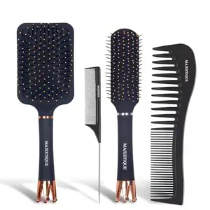 Majestique Crown Hair Brush Set, Paddle Brush, Flat Brush, Tail Comb & Wide Tooth Comb for Detangling, Styling, Blow Drying, Great on Wet or Dry Hair for Women & Men - 4Pcs/Black