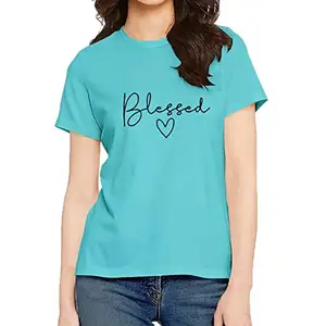 OPLU Women's Regular Fit Blessed with Heart Cotton Printed Round Neck Half Sleeves Trendy, Quotes, Trending Pootlu Tees and Tshirts (Pooplu_Light Blue_X-Large)