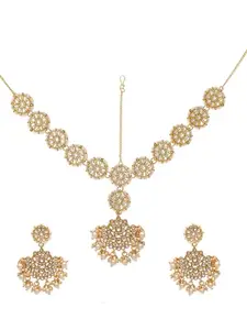OOMPH Jewellery Gold Tone Kundan Sheeshphool Set Matha Patti with Drop Earrings For Women & Girls Stylish Latest (EST3-DDP10_AOR1)