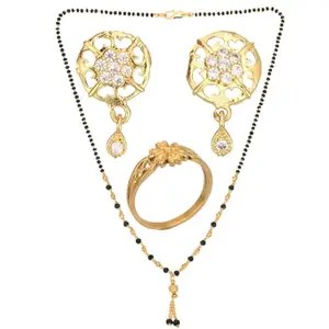 AanyaCentric Gold Plating Jewelry Set: Elegant Short Mangalsutra, Ring, and American Diamond Earrings Set - Stylish Accessories for Women & Girls