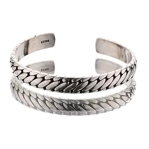 Bling Queen Men's Sterling Silver Plated Engraved Tire Pattern Cuff Bracelet