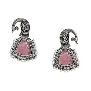 Accessher German Silver Peacock Earring with Rhinestone studded and Carved Stones Earrings for women and girls