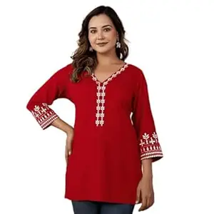 Indesi Embroidered V-Neck Short Kurti for Women, Stylish Rayon Tunic Top with 3/4 Designer Sleeves