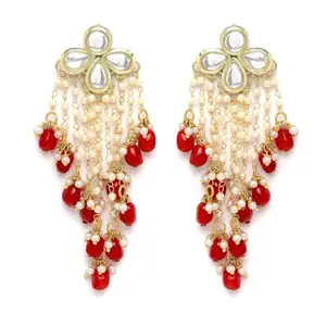 Karatcart Gold Plated Red Tumble Kundan Tassel Earrings for Women