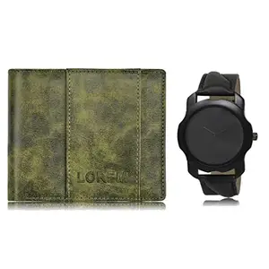 LOREM Combo of Black Wrist Watch & Green Color Artificial Leather Wallet (Fz-Wl18-Lr22)
