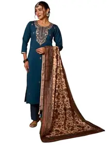Naixa Women's Vichitra Silk Embroidered A-Line Kurta with Pant and Dupatta Sets (NX-907)
