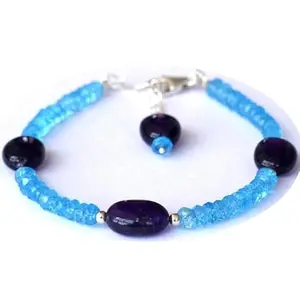 LKBEADS Natural Round Shape Smooth Cut Beads Stretchable Bracelet for Men & Women Amethyst & Blue Topaz Mix Faceted & Smooth Multicolor 7 Inch Adjustable Bracelet