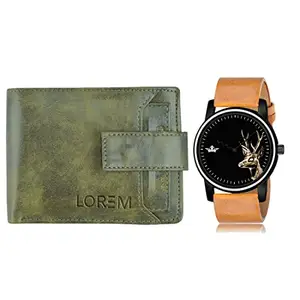 LOREM Combo of Beige Wrist Watch & Green Color Artificial Leather Wallet (Fz-Wl22-Lr69)