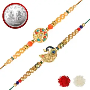 De Marquis Religious Pearl Kundan Rakhi Set, Chawal Roli Pack, Greeting Card Set (2 Rakhi Set + 1 Coin)