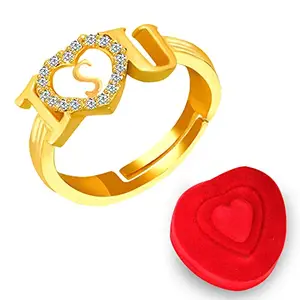 MEENAZ Couple Finger Ring for women Men girl girlfriend Husband Wife lovers Valentine gift American diamond Adjustable Gold i Love You Heart Initial Letter S Name Alphabet Red Heart box Stylish 443