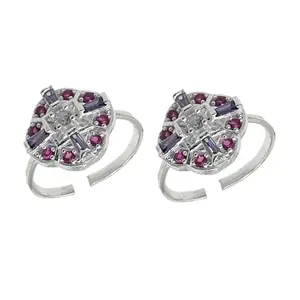 Sahiba Gems Pure Silver/Chandi Rich Look Antique Toe Rings/Chutki with Ruby Red Cubic Zirconia For Women Free Size Pack in 2 Pieces