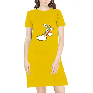Pooplu Women's Regular Fit Knee Length Surf On Rainbow Cotton Graphic Printed Round Neck Half Sleeves Art, Artist, Abstract Tees, Pootlu Tops and Tshirts.(Oplu_Yellow_XX-Large)