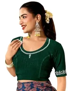 MISS WEARS Women's Regular Fit Readymade Stretchy Elbow Length Embroidered Saree Blouse