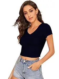 Dream Beauty Fashion Women's Casual V-Neck Short Sleeves Crop Top (Navy Blue-S)