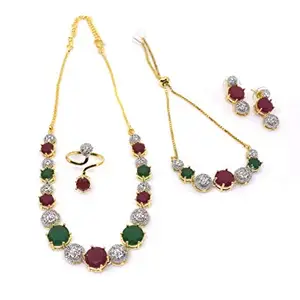 M CREATION American Diamond Ruby Gold Plated and American Diamond Ruby Necklace Set With Earring Ring And Bracelet for Women (Red And Green)