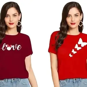 ELEVAJET Women's Stylish Trendy Love and Butterfly Printed 100% Cotton T-Shirt Combos for Women & Girls (Pack of 2) Multicolor Colored (UG-469-L)