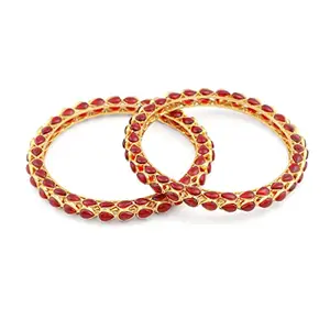 ACCESSHER Traditional and Ethnic Design Inspired Matte Gold Plated Shiny Red Kundan Embellished Rajwadi Style Kada/Bangles Pack of 2 for Women and Girls