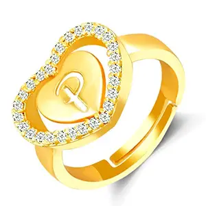 Kanak Jewels Heart Golden Rings Alphabet P Letter Initial for girls women Men Boys Couple girlfriend American diamond Adjustable Valentine Gifts Love Ring Brass Cubic Zirconia Gold Plated Ring