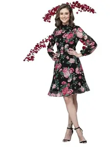 KASSUALLY Dresses for Women Floral Printed Back Knot Fit and Flare Dress Black