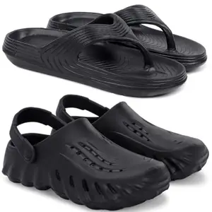 Pampy Angel Combo Pack of 2 Slipper/Flip Flops/Slides/Clogs/Sandals with Adjustable Back Strap for Men,(V-Evafeet-Black,Cl-200-Black),9 (UK/India)