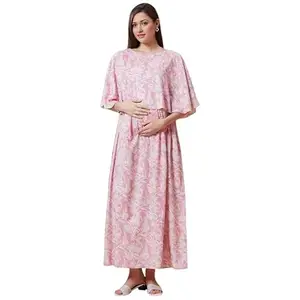 True Shape Maternity Dresses for Women Cotton | Feeding Night Kurta with Concealed Nursing Zippers & Attached Cape for Pre & Post Pregnancy | Mom to Be Gifts (TS41-L, Blush Pink)