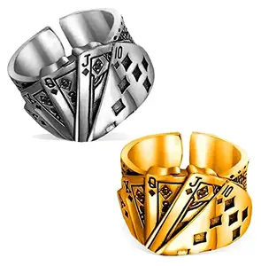 Combo Of (2 Pcs) Unisex Silver And Golden Color Stainless Steel Stylish Funky Trending Adjustable Ace King Queen Jack Playing Tash/cards Design Poker Biker Casino Thumb Finger Ring (Free Size)