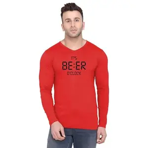 Original Way Men Cotton Full Sleeve V Neck Its Beer Time Design Printed T Shirt FSVN-2346-L Red