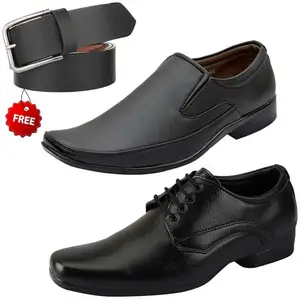 Relaxed Formal Shoes/Party Shoes/ 2 Shoes Combo with Free Belt for Men and Boys (BAZAAR8114_VTR001-Blk-2003-Bdr) Multicolor