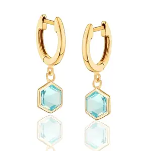 LeCalla 925 Sterling Silver BIS Hallmarked Gold Plated Blue Topaz Huggie Hoop Drop Dangle Earrings for Women and Girls