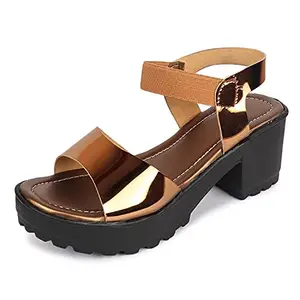 MYRA Women's Brown Patent Block Heels Sandal - 5 UK