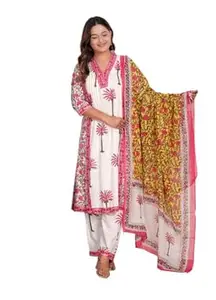 SOREN CRAFT Women's Cotton Printed Straight Kurti With Pant and Dupatta Set (White Pink)