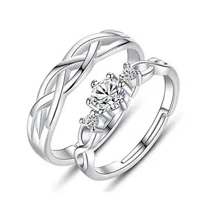 De-Ultimate Silver Color Valentine's Day Stainless Steel Crystal Adjustable Size King And Queen Single Diamond Stone Romantic Rope Design Couple Finger Rings With Red Box