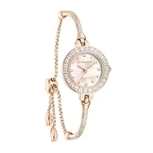 Giordano Arias Lara Dutta Signature Collection Analog Quartz Watch for Women with Mother-of-Pearl Dial, Baguette-Cut Crystal Studded Bezel and Adjustable Chain Bracelet Strap
