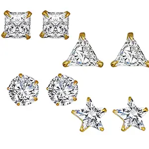 JFL-Jewellery for Less Fashion Combo of Round, Star, Triangle, Square Shape Single Austrian Diamond Gold Plated Stud Earring Set for Women and Girls