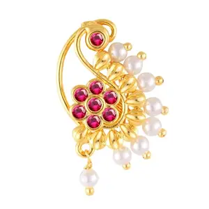 Vivastri Premium Gold Plated Nath Collection With Beautiful & Luxurious Red Diamond Pearl Studded Maharashtraian Nath For Women & Girls-VIVA1153NTH-Press