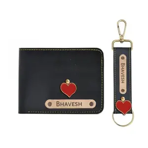 NAVYA ROYAL ART Customized Wallet and Keychain Combo for Men | Personalized Wallet Keychain Set with Name Printed | Leather Name Wallet Keychain for Men | Customised Gifts for Men with Name & Charm = Black