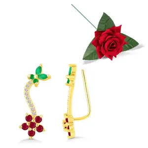 Peora Gold Plated CZ Rani Pink Green Floral Shape Ear Cuff Valentines Gift for Women & Girls with Red Rose