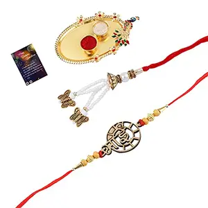 Elegant Bhaiya Rakhi "BHAI" Designer Bhabhi Rakhi Combo With Roli Chawal And Greeting Card 1 Kankawati Pooja Thali -401