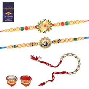 De Marquis Bhaiya Bhabhi Rakhi Set With Roli Chawal and Greeting Card For Rakshabandhan | Rakshasutra For Brother/Sister | Bhaiya Rakhee | Bhabhi Rakhee | Pack of 2 Rakshasutra and 1 Lumba Rakhi