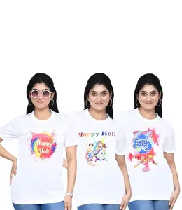 SWAGATA Enterprise Women's Casual Graphic Printed Holi T-Shirt Combo I Regular Fit Round Neck Air Jet Tshirt for Women I Unisex Tshirt Combo, Pack of 3 - White/Multi6 (Size - S)